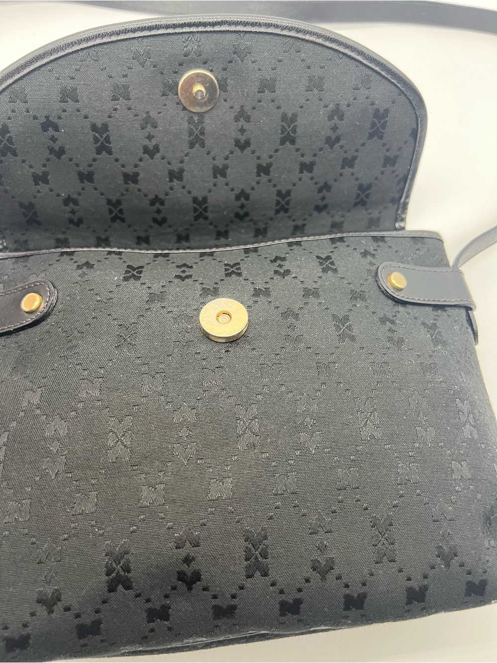 NINA RICCI VINTAGE Black Monogram Canvas Perforated Leather Flap Crossbody Bag - Picture 9 of 12